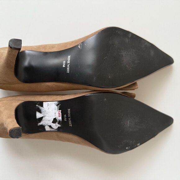 Nine West Suede Stiletto Pumps Heels Tan Brown Slip On Pointed Toe Bow - Picture 6 of 8